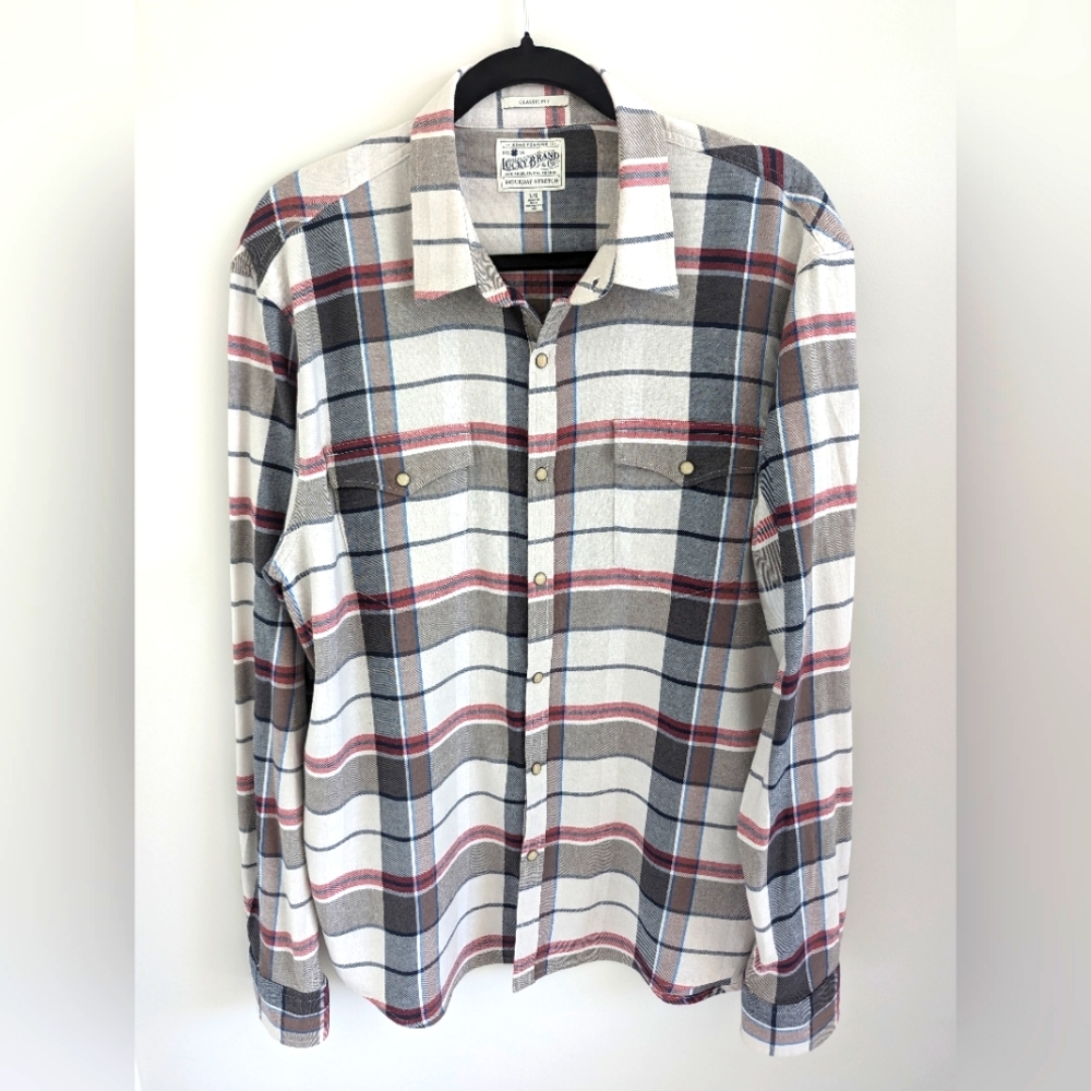 Lucky Brand Men's Derek Snap Plaid Shirt White Size Large